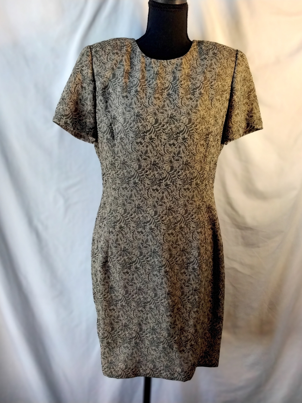 Classic Floral Sheath Dress in Taupe and Black